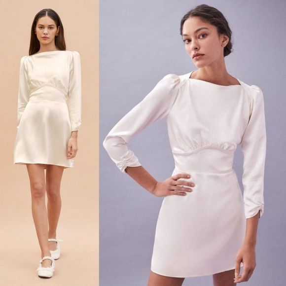 Reformation Dresses & Skirts - Reformation Rudi Silk Mini Dress in Ivory, Long Sleeve Bow Size 6